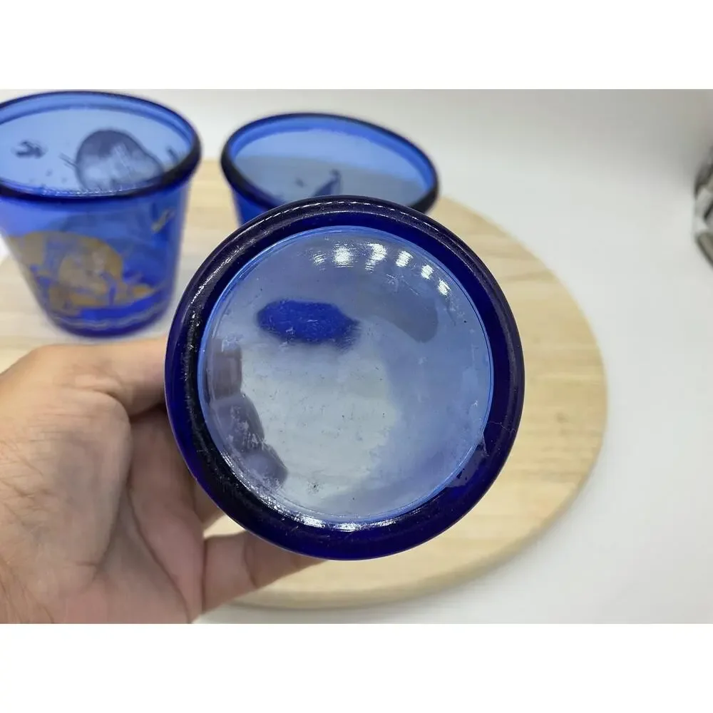 VTG Hazel Atlas Cobalt 2 Ice Buckets, 1 Glass Tumbler Etched Nautical Barware